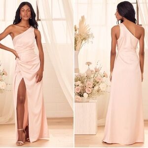 LULU's Prom Wedding Bridesmaid Sexy One Shoulder Satin Thigh Slit Gown